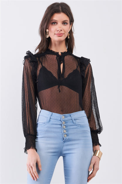 Black Sheer Mesh Polka Dot Frill Trim Long Sleeve Bodysuit