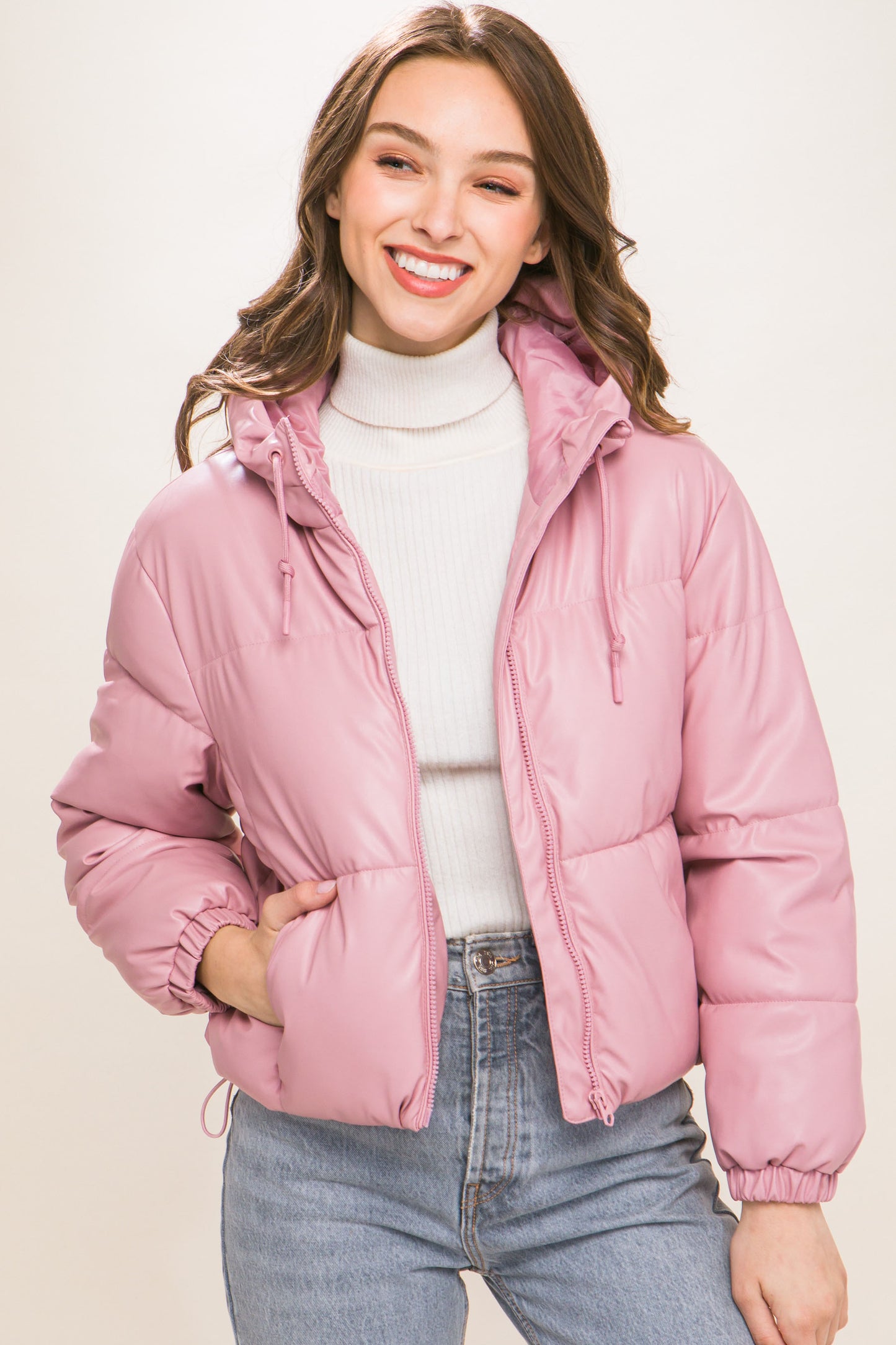 Pu Faux Leather Zipper Hooded Puffer Jacket